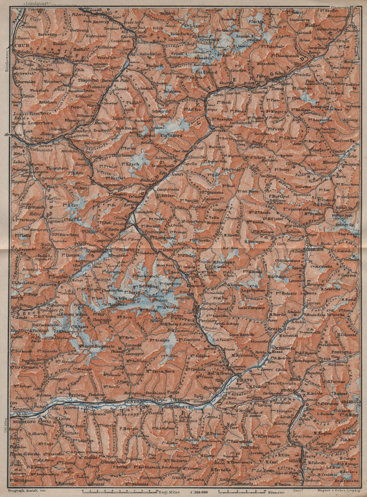 ENGADINE/VAL TELLINA. Davos Arosa Sils Bormio Livigno Sondrio Chur 1913 map